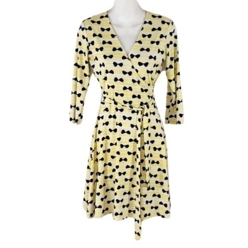 Leota Yellow white stripe bow faux wrap dress AA20